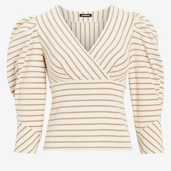 EXPRESS Metallic Striped Puff Sleeve Statement Chic Wrap Top Size XS - Picture 4 of 9